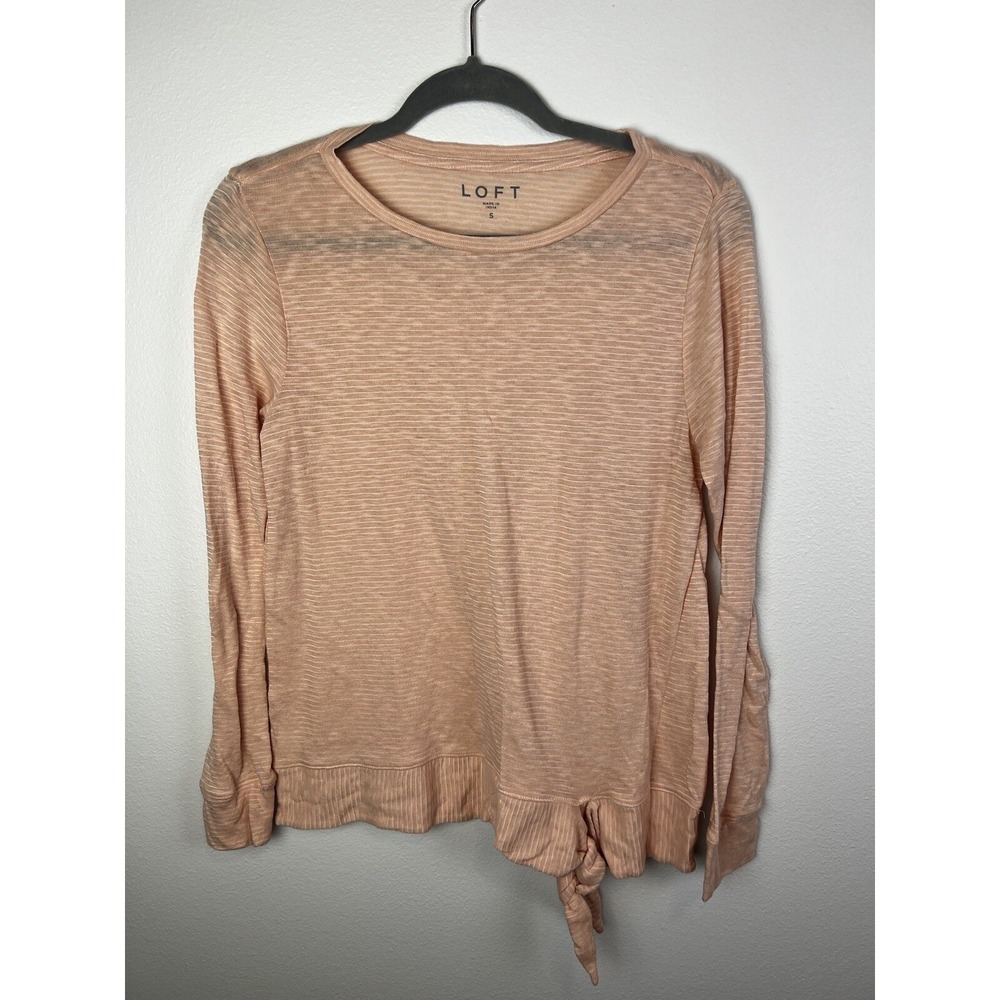 LOFT Women's small Knit Top Pink White Striped Long‎ Sleeve Tie Cotton Blend